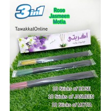 AGARBATTI - Incense Sticks - 3 in 1 - 10 Rose Sticks - 10 Motia Sticks - 10 Jasmeen Sticks - Floral Agarbatti - Light Fragrance - Traditional Aroma - 30 Incense Sticks - For Fragrance